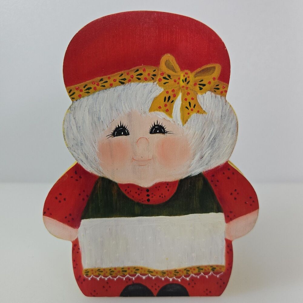 Vintage Hand Painted Wood Mrs. Claus Trinket Box 1983 Folk Art Hinged Christmas